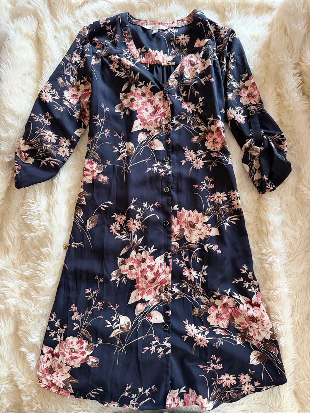 41 Hawthorn Navy Floral Button-Front Mini Dress with Blush Pink Blooms